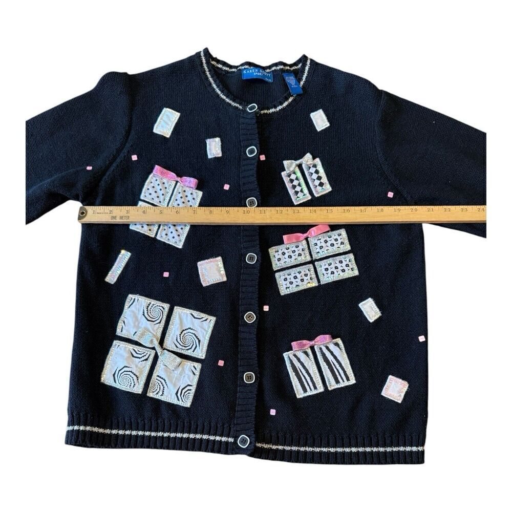 Vtg Karen Scott Womens Present Gift Print Cardigan Size PL Beaded Bows Patchwork - Picture 5 of 8